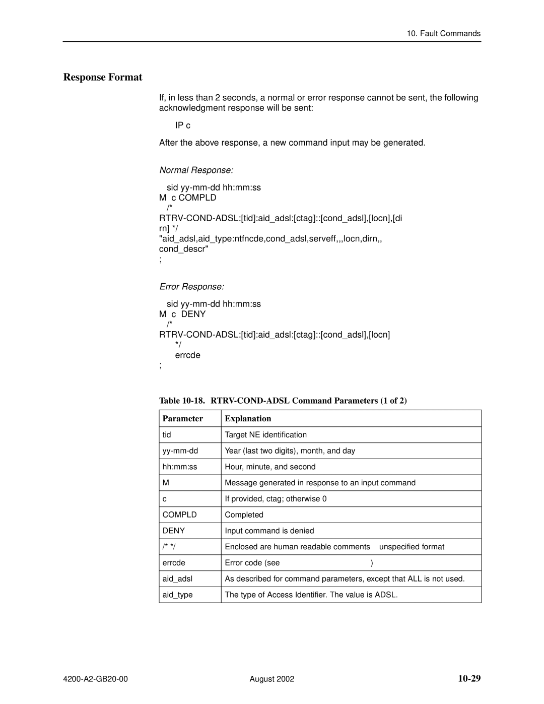 Paradyne 4200 manual 10-29, RTRV-COND-ADSL Command Parameters 1 Explanation 