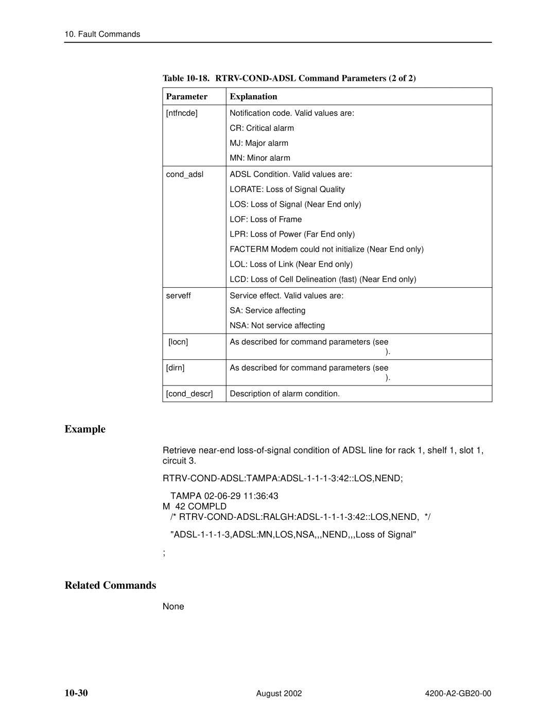 Paradyne 4200 manual 10-30, RTRV-COND-ADSL Command Parameters 2 Explanation, Tampa 02-06-29 