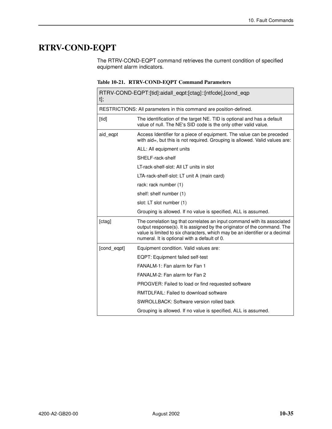 Paradyne 4200 Rtrv-Cond-Eqpt, 10-35, RTRV-COND-EQPT Command Parameters, RTRV-COND-EQPTtidaidalleqptctagntfcde,condeqp t 