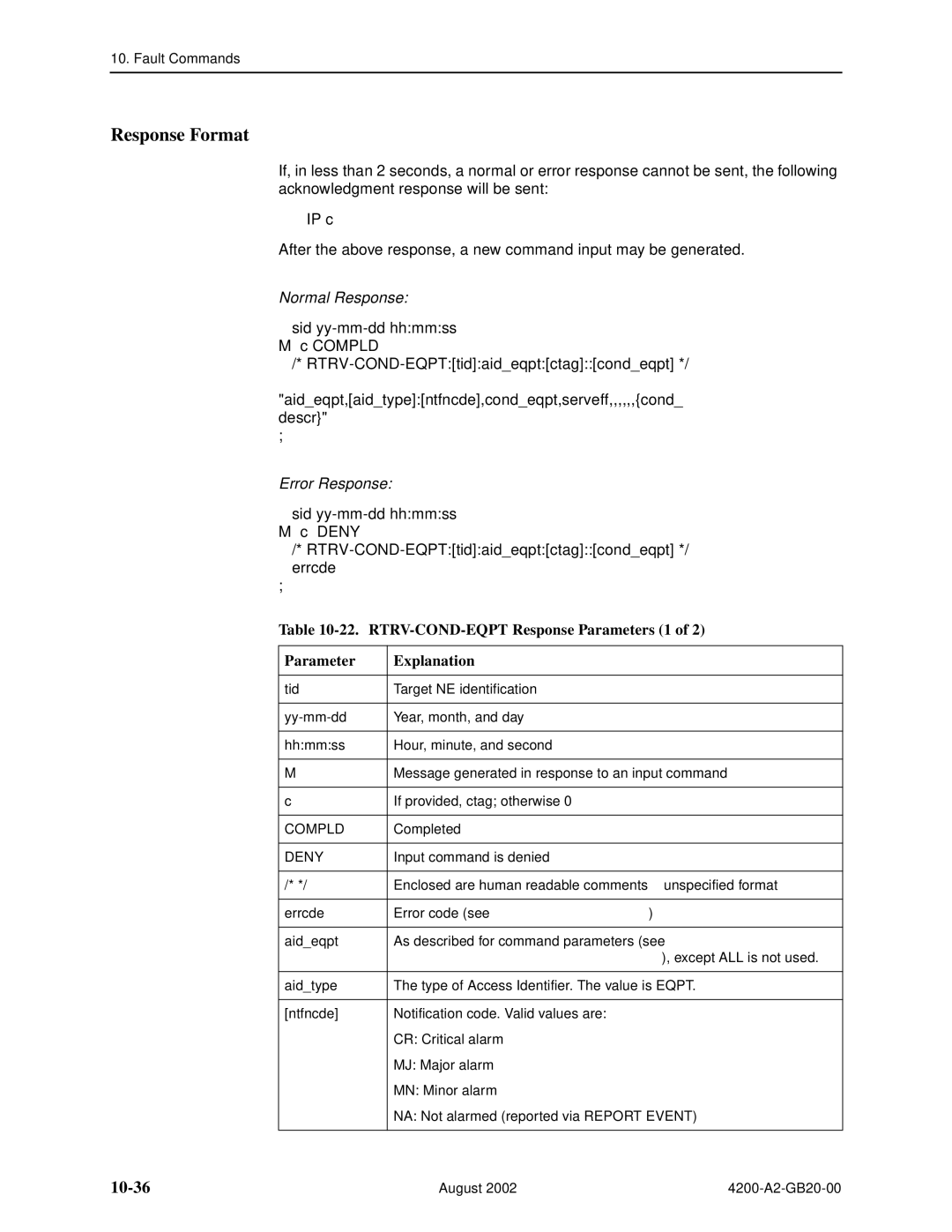 Paradyne 4200 manual 10-36, RTRV-COND-EQPT Response Parameters 1 Explanation 