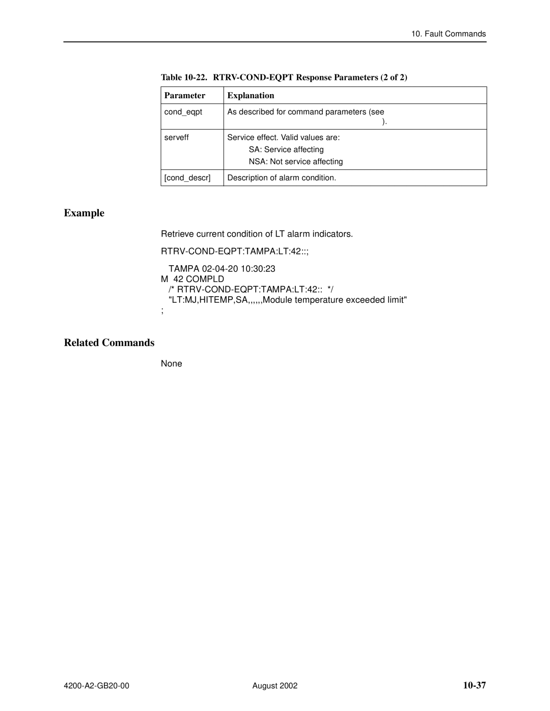 Paradyne 4200 manual 10-37, RTRV-COND-EQPT Response Parameters 2 Explanation, RTRV-COND-EQPT Command Parameters 