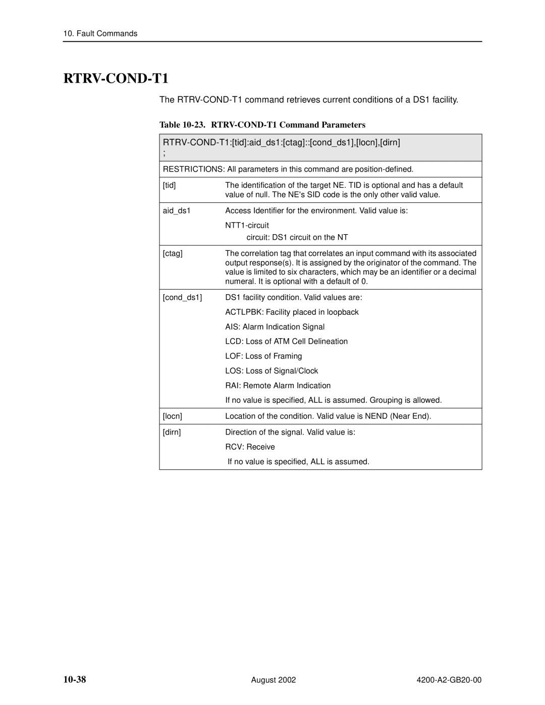 Paradyne 4200 manual 10-38, RTRV-COND-T1 Command Parameters, RTRV-COND-T1tidaidds1ctagcondds1,locn,dirn 