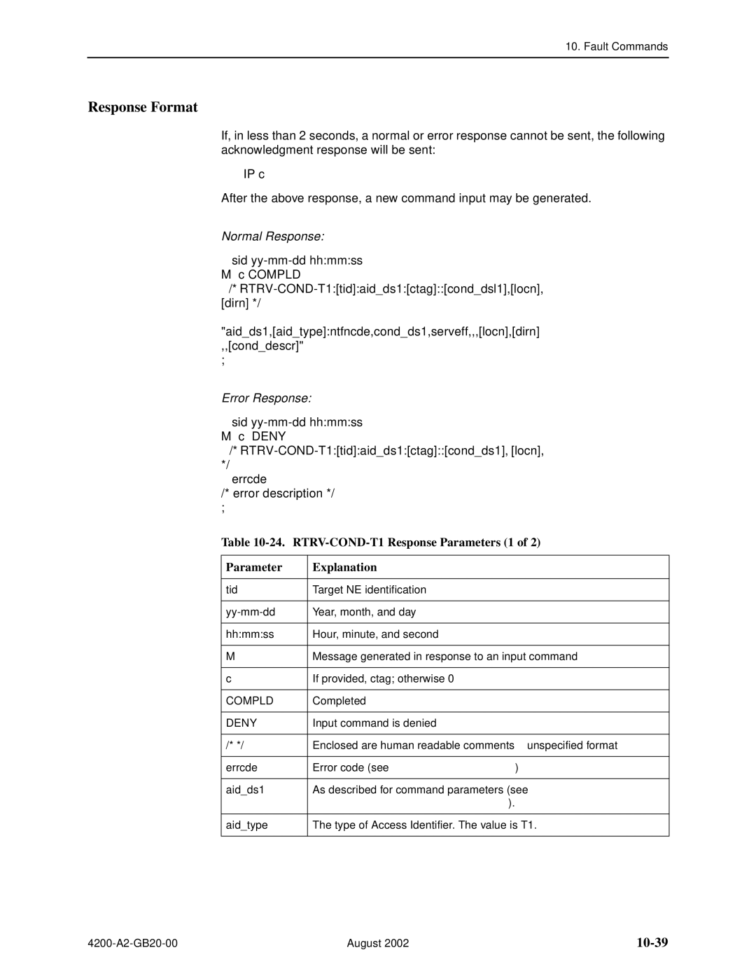 Paradyne 4200 manual 10-39, RTRV-COND-T1 Response Parameters 1 Explanation, RTRV-COND-T1 Command Parameters 