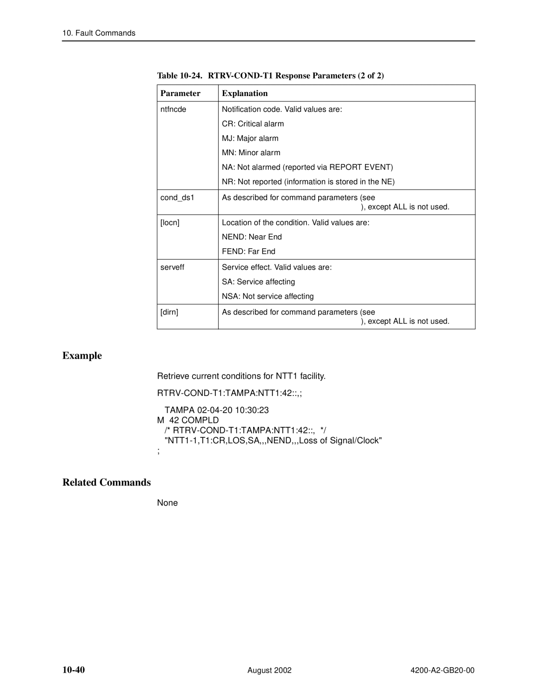 Paradyne 4200 manual 10-40, RTRV-COND-T1 Response Parameters 2 Explanation 