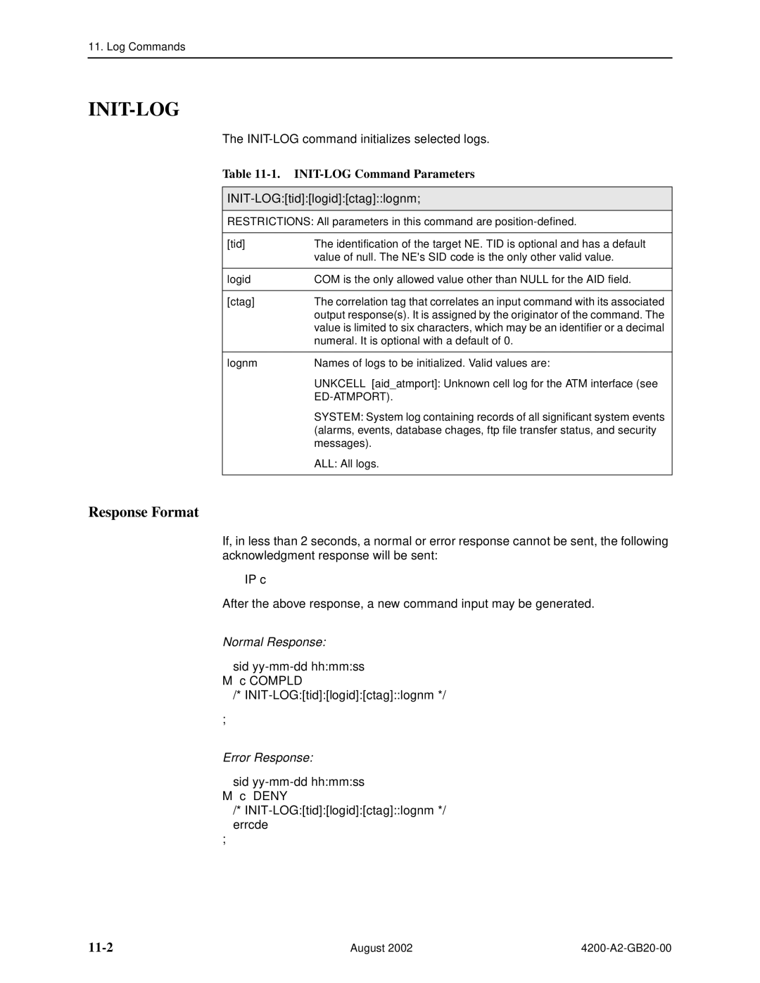 Paradyne 4200 manual Init-Log, 11-2, INIT-LOG Command Parameters, INIT-LOGtidlogidctaglognm 