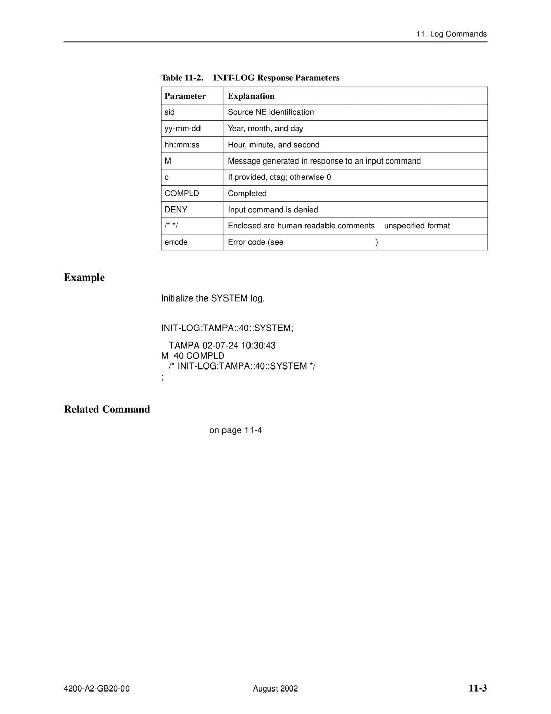 Paradyne 4200 manual 11-3, INIT-LOG Response Parameters Explanation 