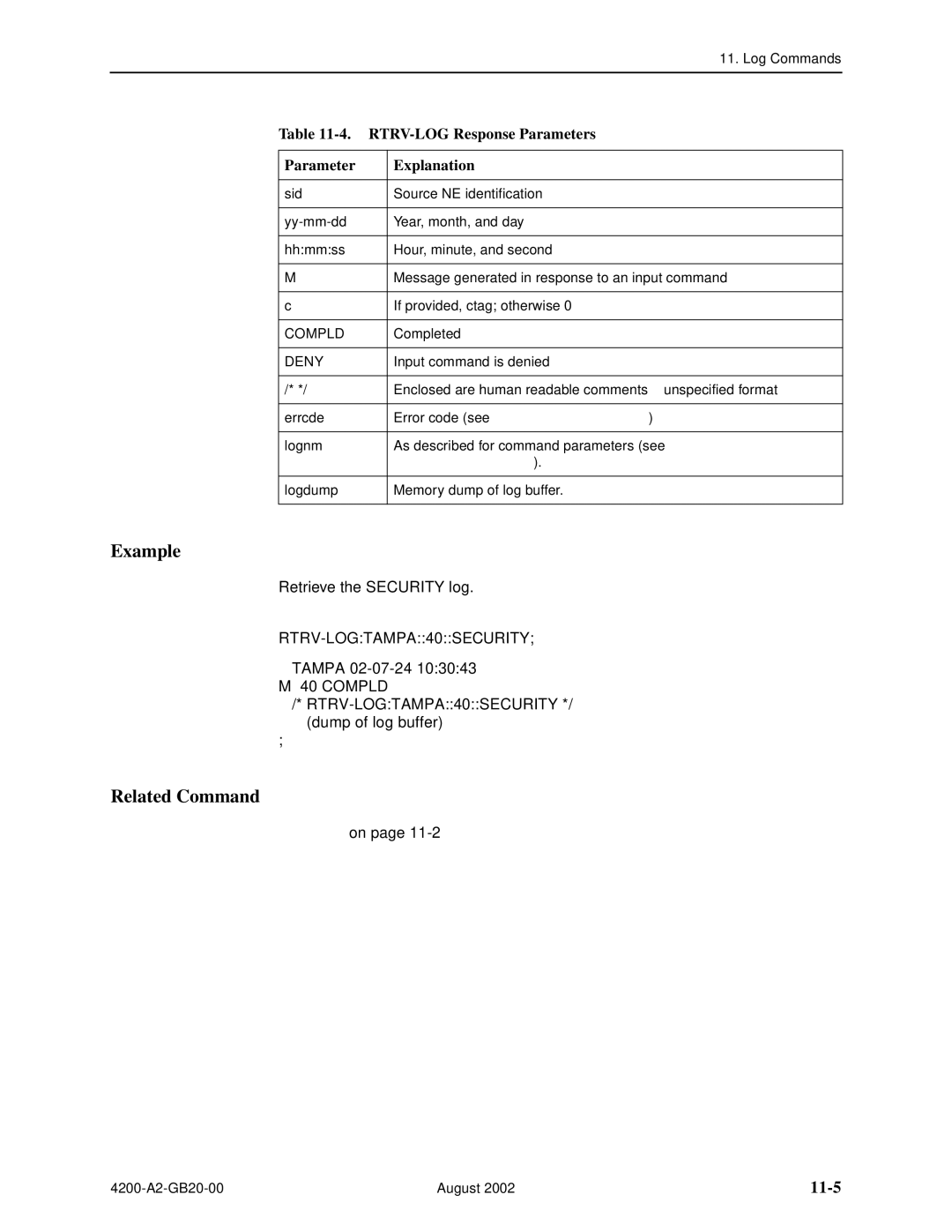 Paradyne 4200 manual 11-5, RTRV-LOG Response Parameters Explanation, Dump of log buffer 