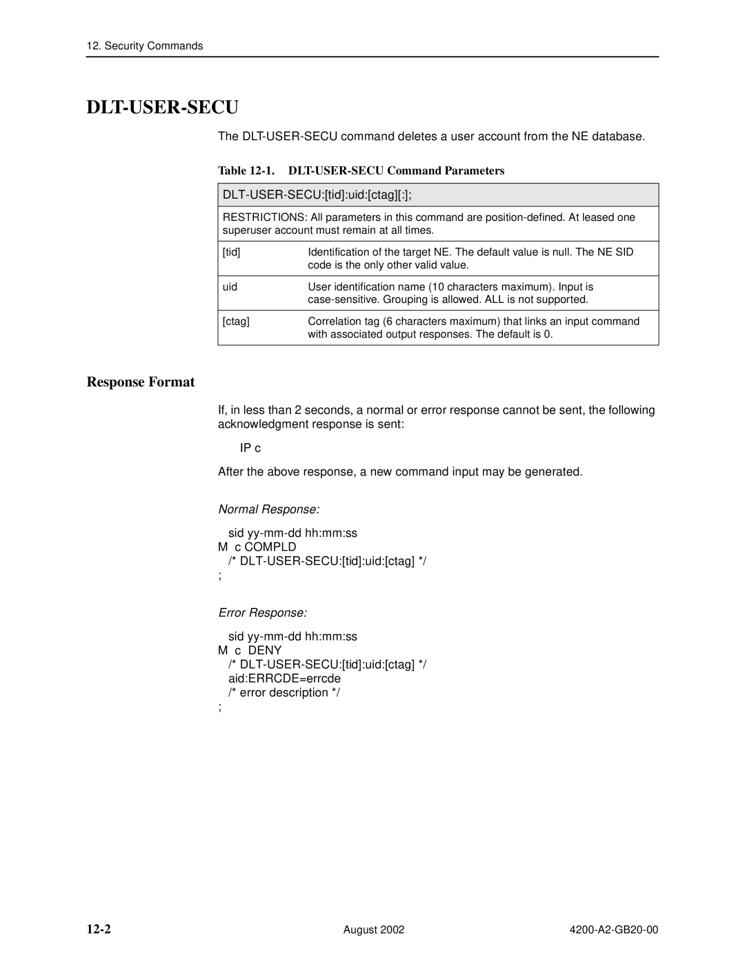 Paradyne 4200 manual Dlt-User-Secu, 12-2, DLT-USER-SECU Command Parameters, DLT-USER-SECUtiduidctag 