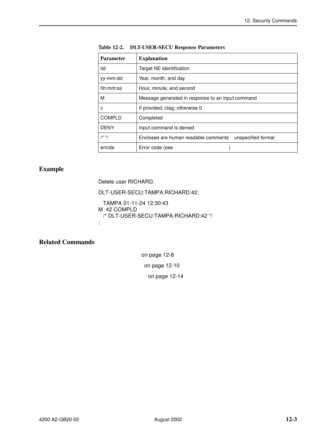 Paradyne 4200 manual 12-3, DLT-USER-SECU Response Parameters Explanation 