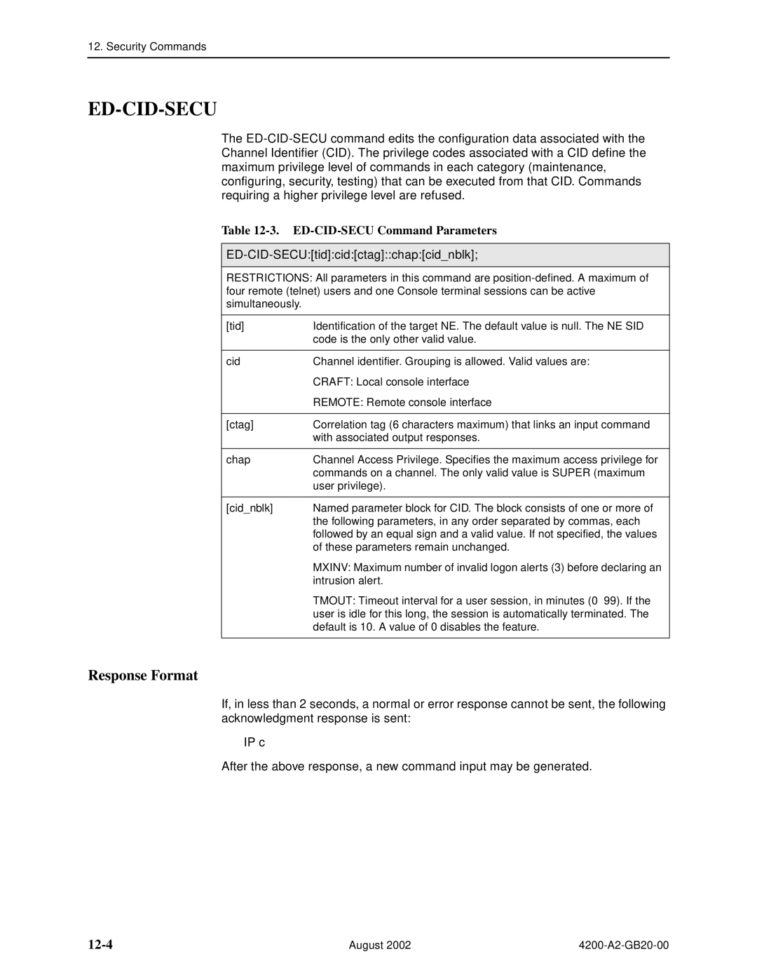 Paradyne 4200 manual Ed-Cid-Secu, 12-4, ED-CID-SECU Command Parameters, ED-CID-SECUtidcidctagchapcidnblk 