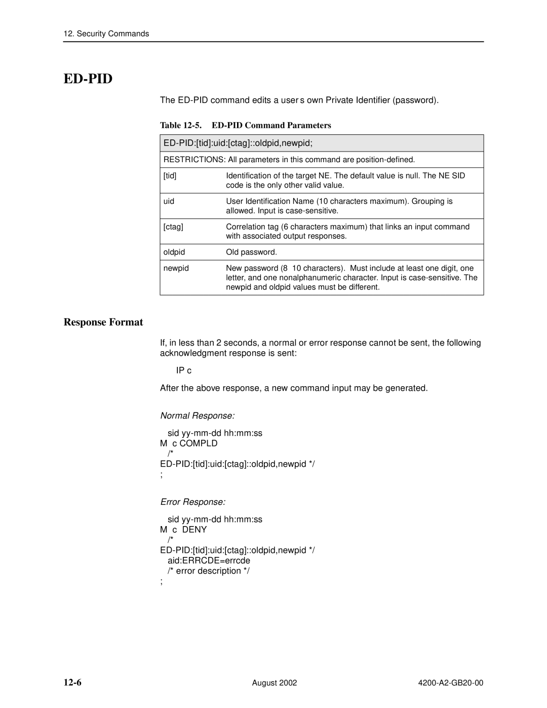 Paradyne 4200 manual Ed-Pid, 12-6, ED-PID Command Parameters, ED-PIDtiduidctagoldpid,newpid 