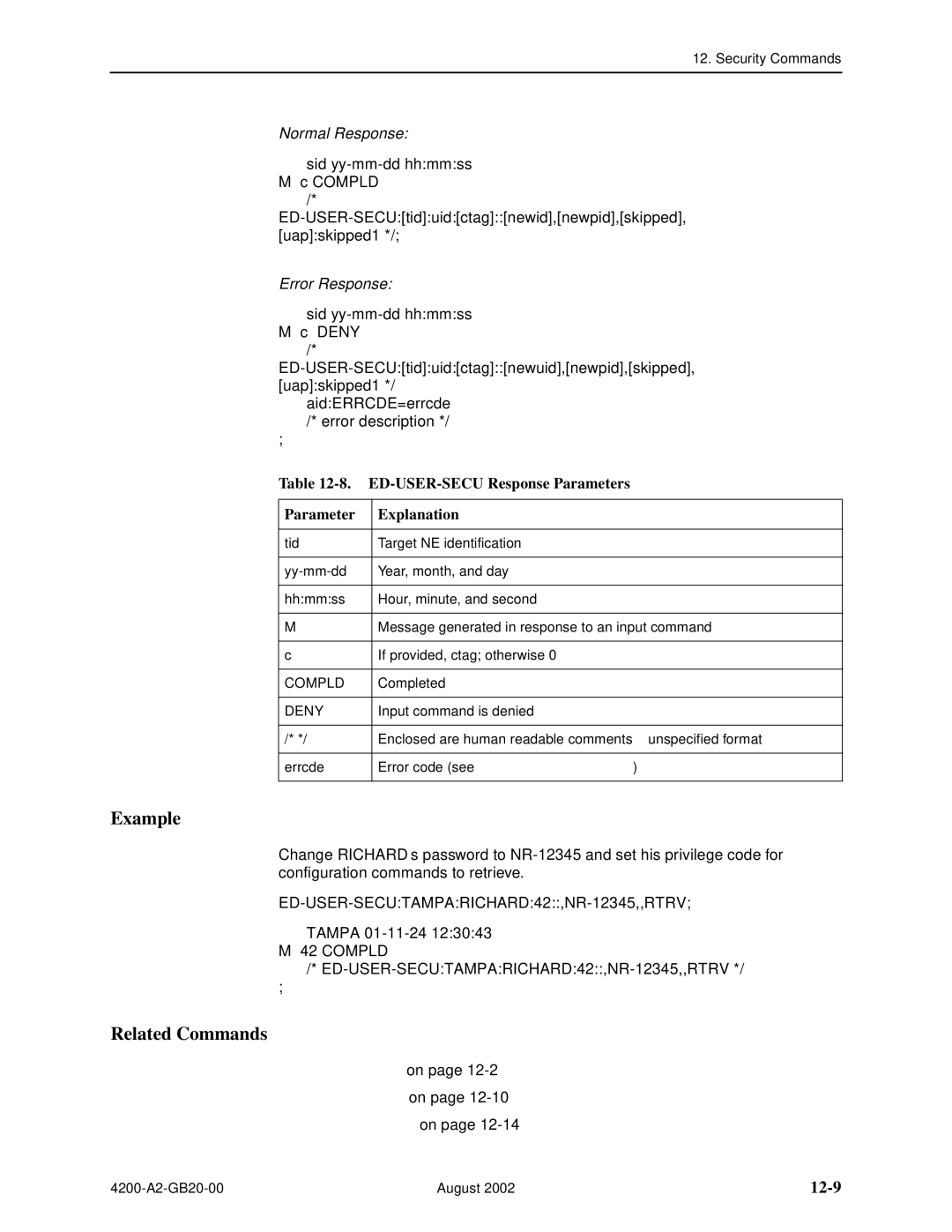 Paradyne 4200 manual 12-9, ED-USER-SECU Response Parameters Explanation 