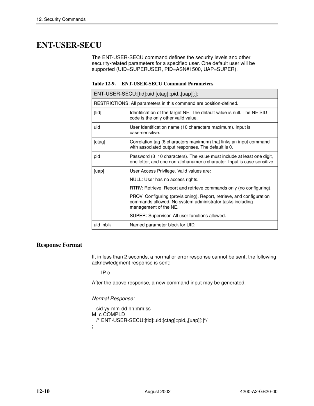 Paradyne 4200 manual Ent-User-Secu, 12-10, ENT-USER-SECU Command Parameters, ENT-USER-SECUtiduidctagpid,,uap 