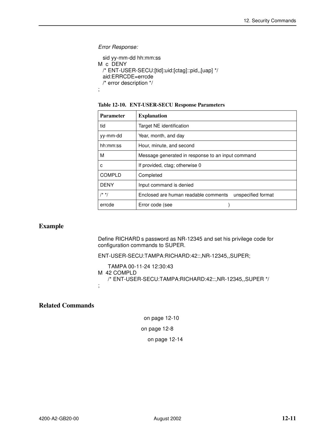 Paradyne 4200 manual 12-11, ENT-USER-SECU Response Parameters Explanation 