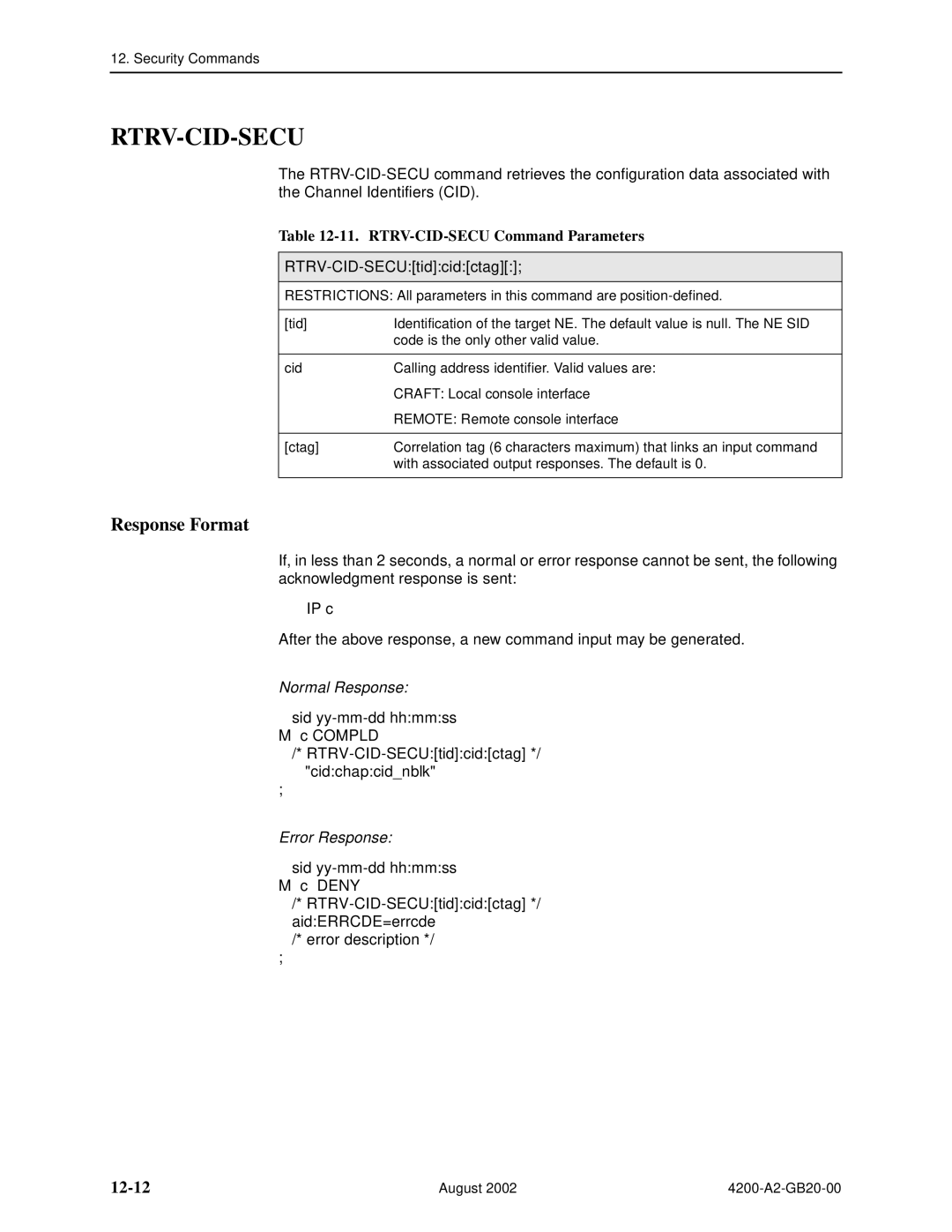 Paradyne 4200 manual Rtrv-Cid-Secu, 12-12, RTRV-CID-SECU Command Parameters, RTRV-CID-SECUtidcidctag 