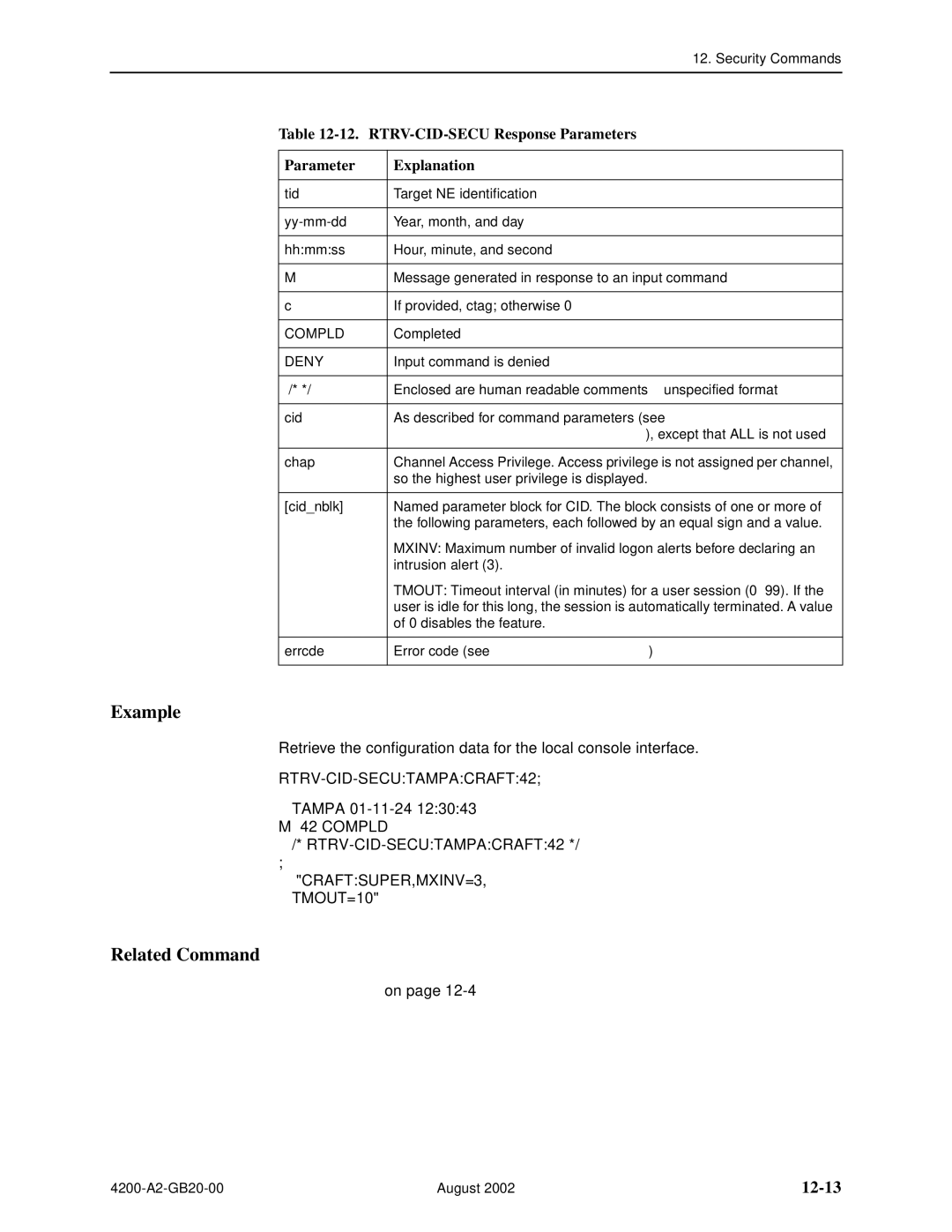 Paradyne 4200 manual 12-13, RTRV-CID-SECU Response Parameters Explanation 