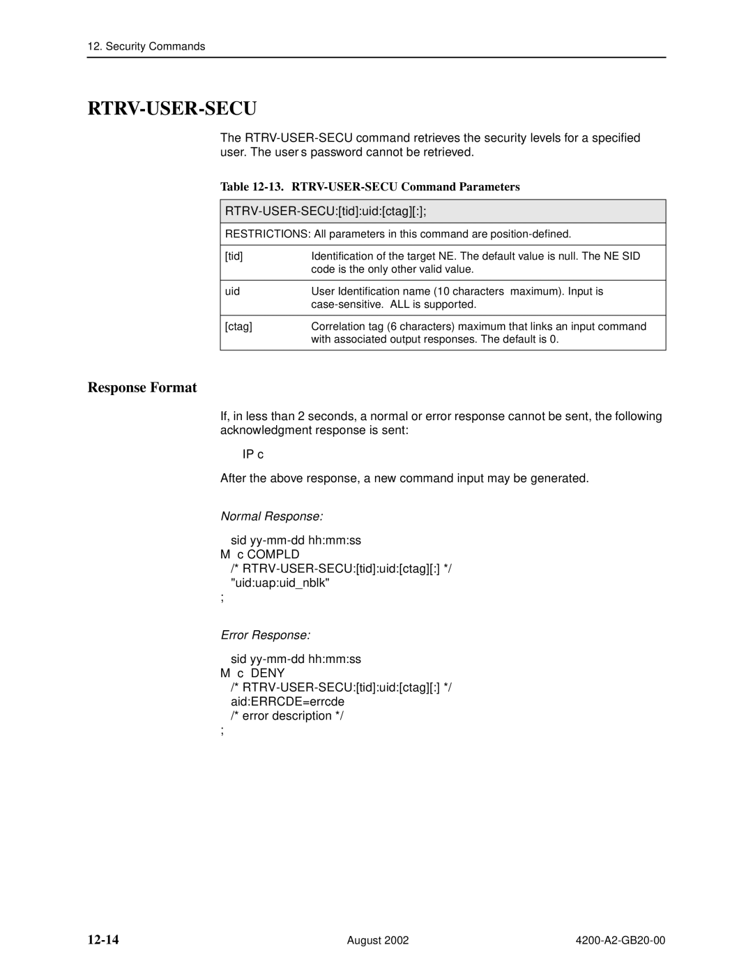 Paradyne 4200 manual Rtrv-User-Secu, 12-14, RTRV-USER-SECU Command Parameters, RTRV-USER-SECUtiduidctag 