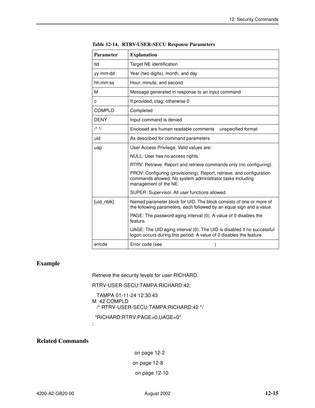 Paradyne 4200 manual 12-15, RTRV-USER-SECU Response Parameters Explanation 