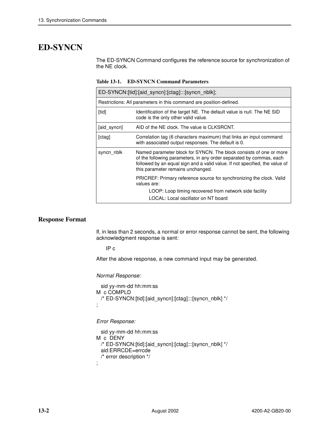 Paradyne 4200 manual Ed-Syncn, 13-2, ED-SYNCN Command Parameters, ED-SYNCNtidaidsyncnctagsyncnnblk 