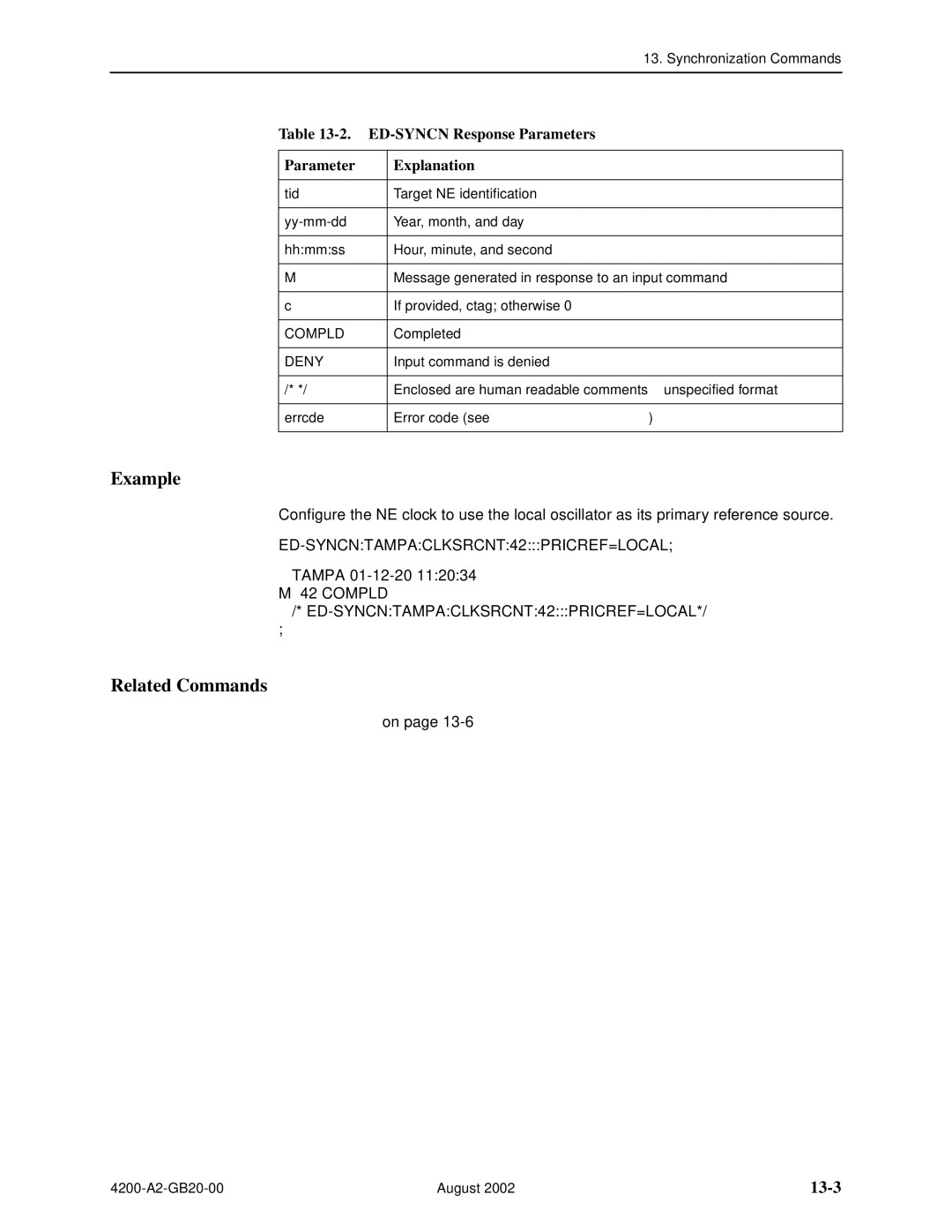 Paradyne 4200 manual 13-3, ED-SYNCN Response Parameters Explanation, Tampa 01-12-20 