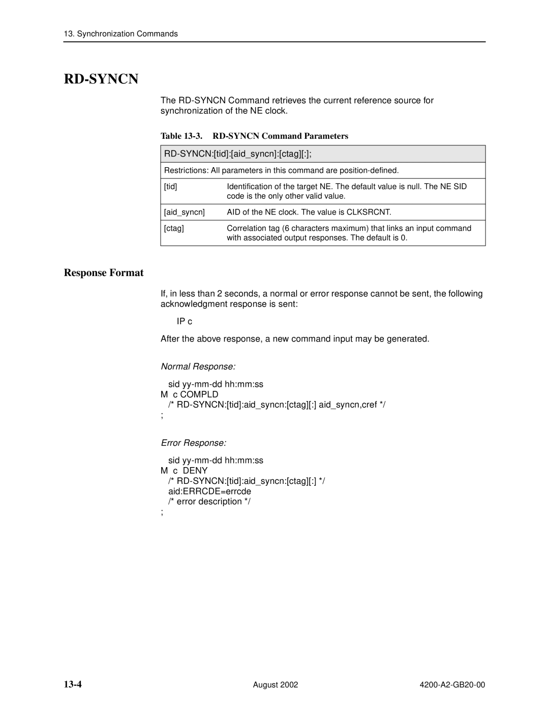 Paradyne 4200 manual Rd-Syncn, 13-4, RD-SYNCN Command Parameters, RD-SYNCNtidaidsyncnctag 