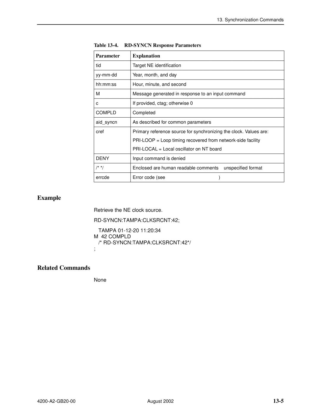 Paradyne 4200 manual 13-5, RD-SYNCN Response Parameters Explanation 