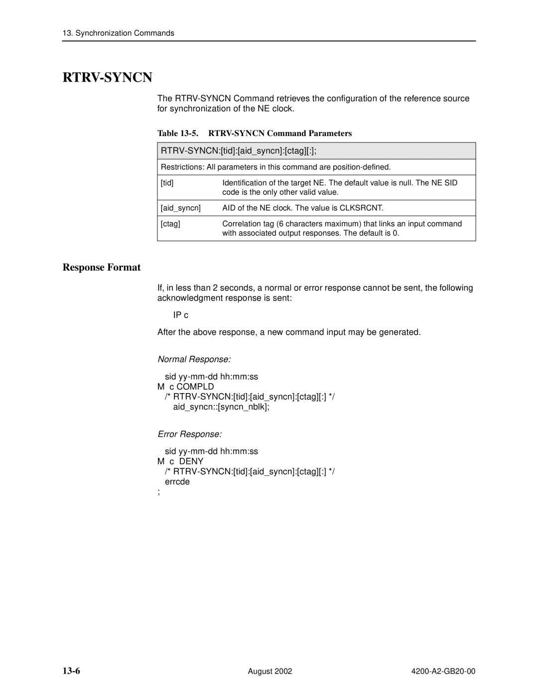 Paradyne 4200 manual Rtrv-Syncn, 13-6, RTRV-SYNCN Command Parameters, RTRV-SYNCNtidaidsyncnctag 
