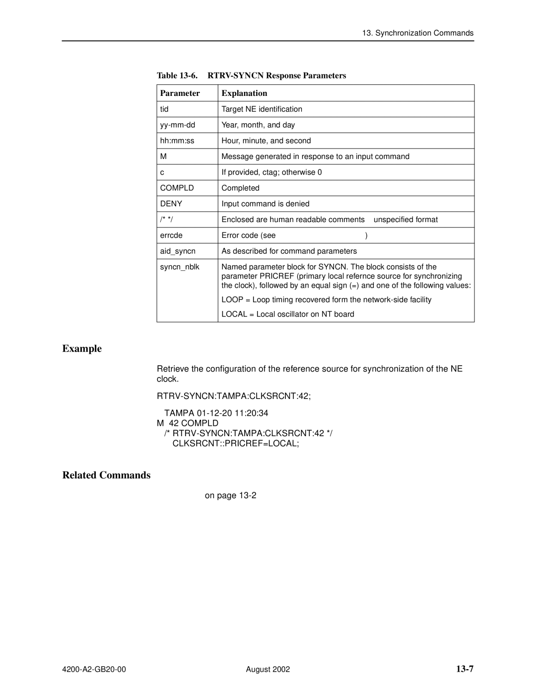 Paradyne 4200 manual 13-7, RTRV-SYNCN Response Parameters Explanation 