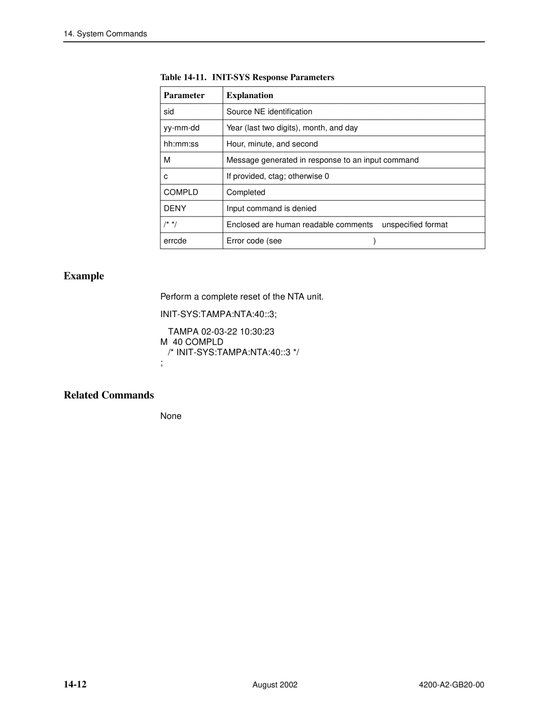 Paradyne 4200 manual 14-12, INIT-SYS Response Parameters Explanation, Tampa 02-03-22, INIT-SYSTAMPANTA403 