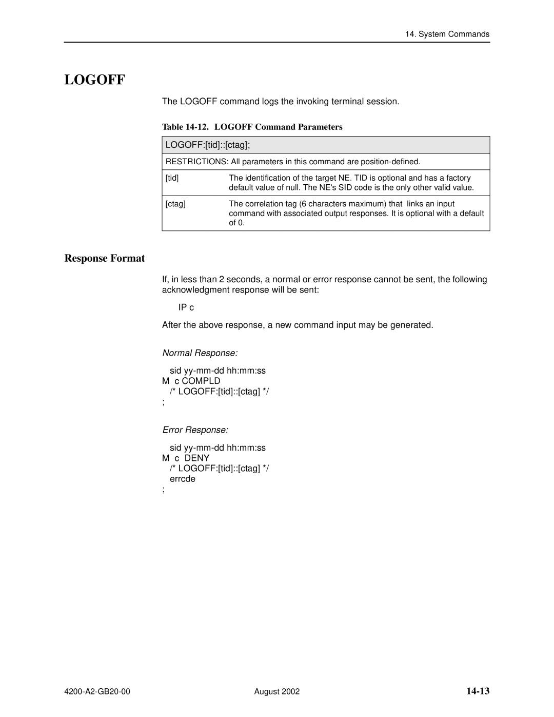 Paradyne 4200 manual 14-13, Logoff Command Parameters 