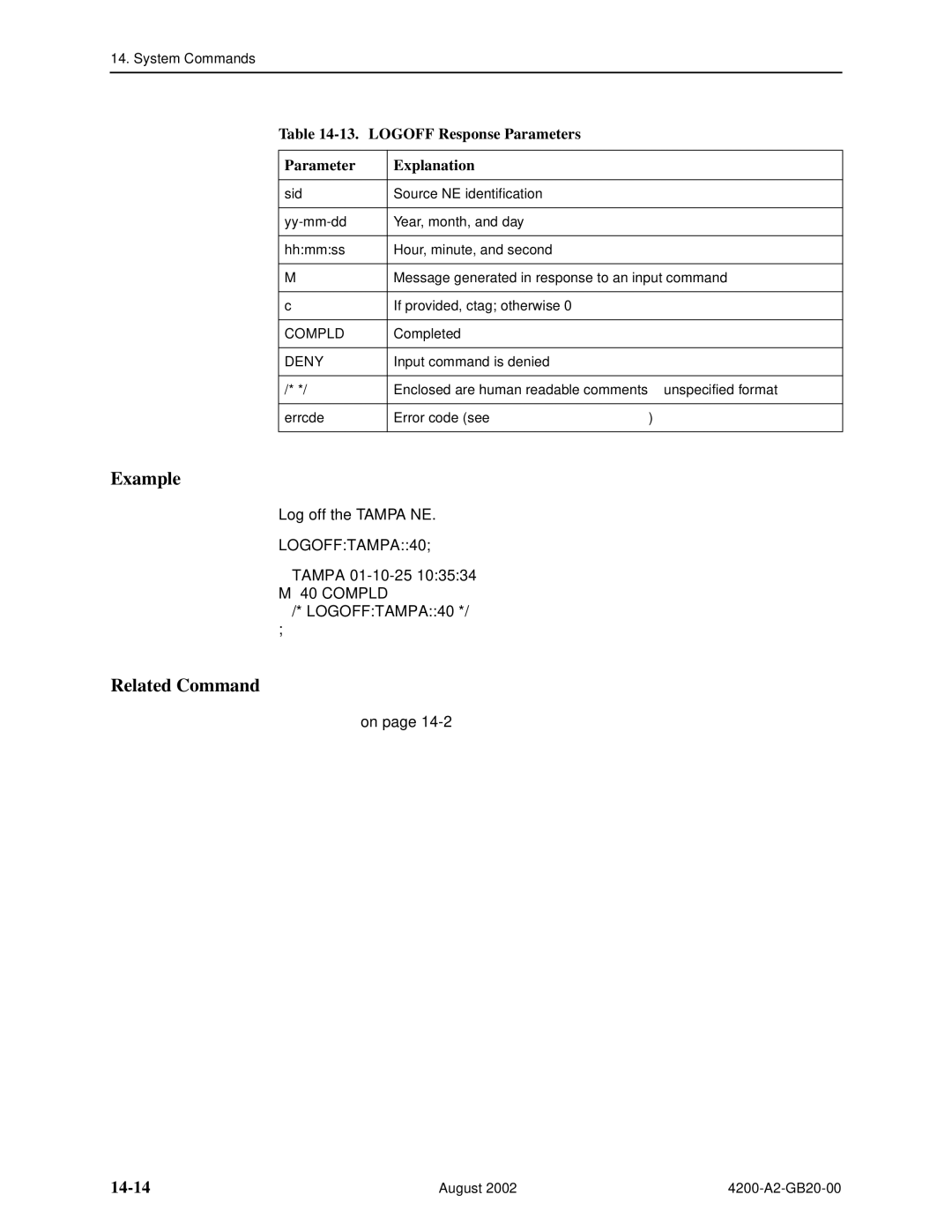 Paradyne 4200 manual 14-14, Logoff Response Parameters Explanation, LOGOFFTAMPA40 