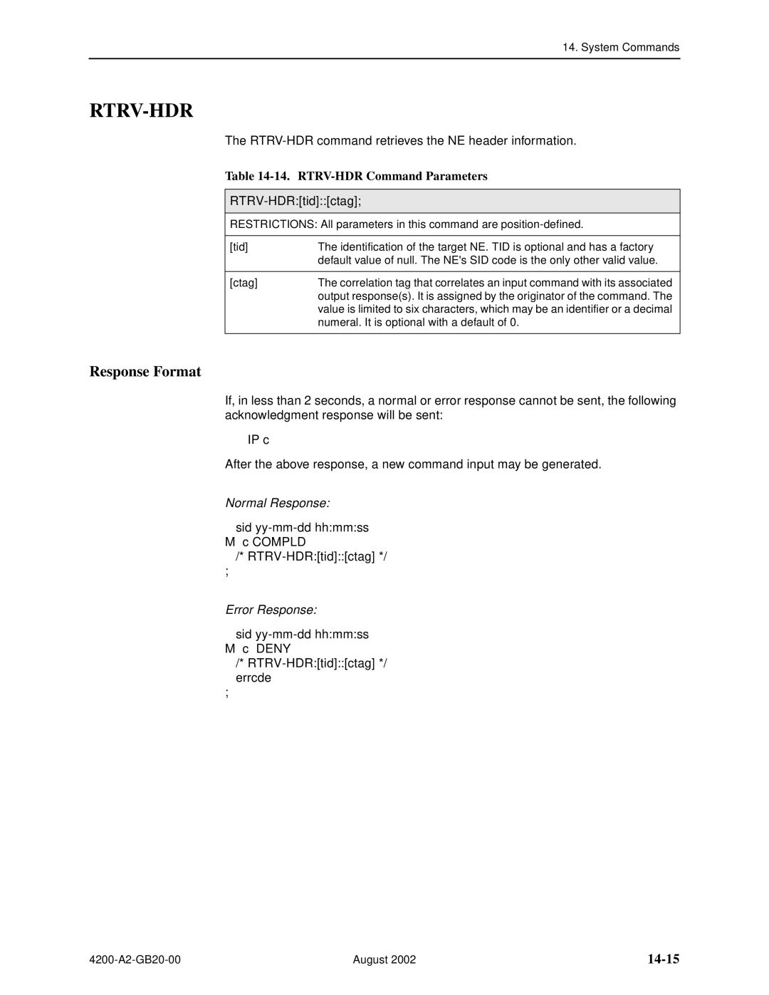 Paradyne 4200 manual Rtrv-Hdr, 14-15, RTRV-HDR Command Parameters 