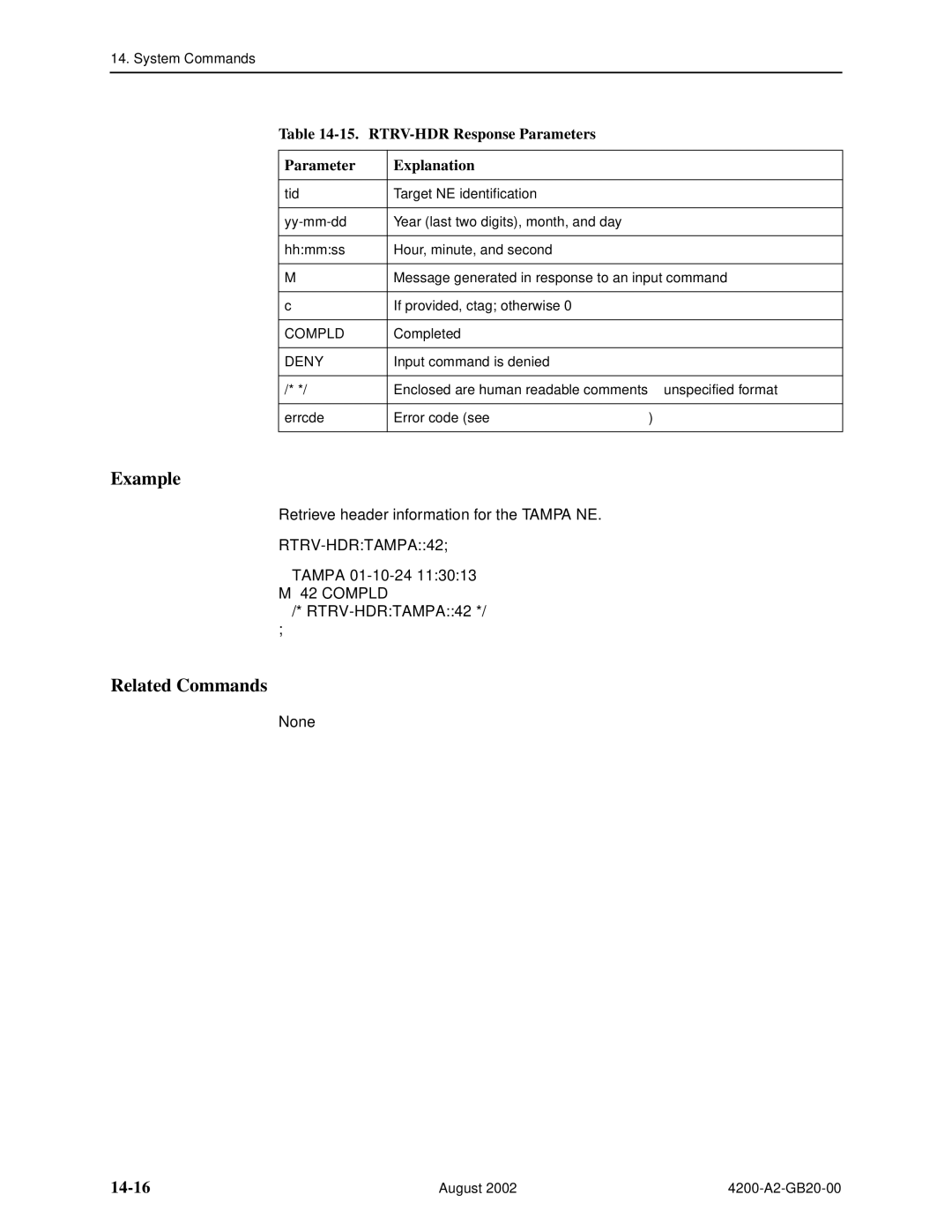 Paradyne 4200 manual 14-16, RTRV-HDR Response Parameters Explanation, RTRV-HDRTAMPA42 