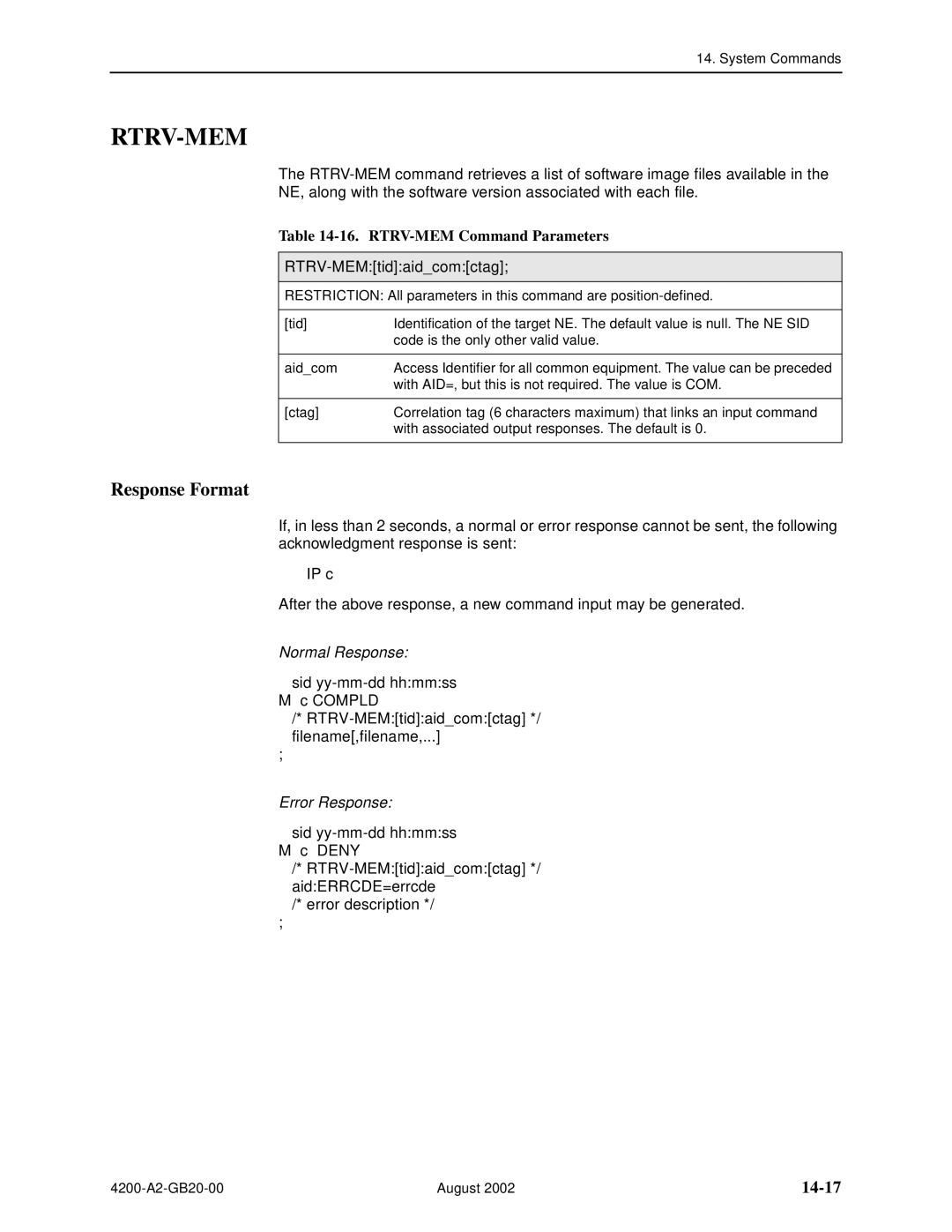 Paradyne 4200 manual Rtrv-Mem, 14-17, RTRV-MEM Command Parameters, RTRV-MEMtidaidcomctag 