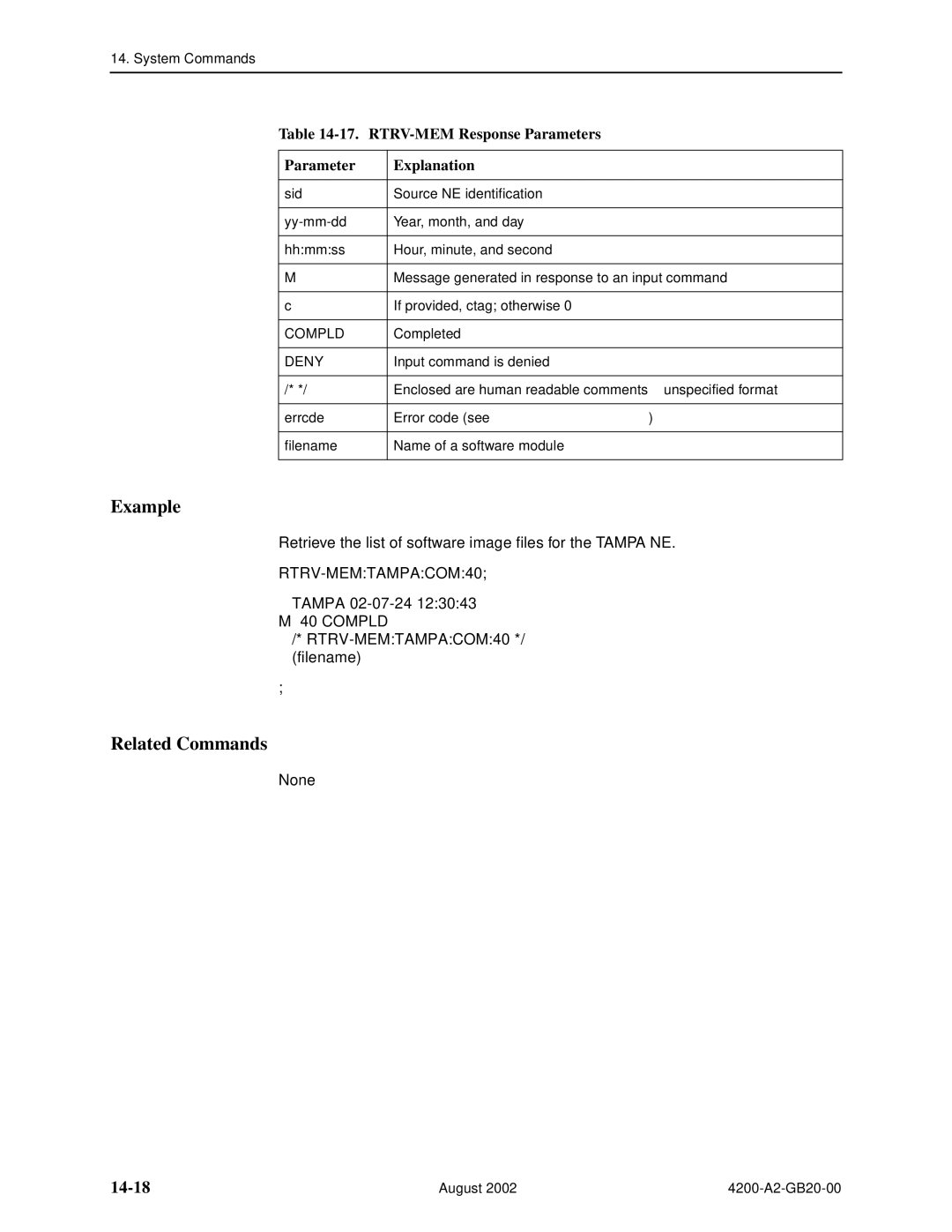 Paradyne 4200 manual 14-18, RTRV-MEM Response Parameters Explanation, RTRV-MEMTAMPACOM40 */ filename 