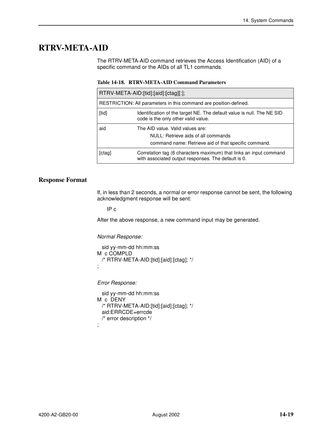 Paradyne 4200 manual Rtrv-Meta-Aid, 14-19, RTRV-META-AID Command Parameters, RTRV-META-AIDtidaidctag 