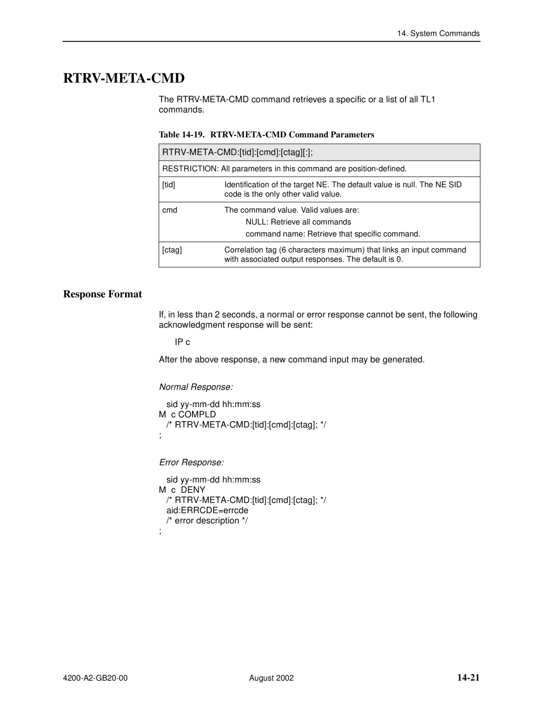 Paradyne 4200 manual Rtrv-Meta-Cmd, 14-21, RTRV-META-CMD Command Parameters, RTRV-META-CMDtidcmdctag 