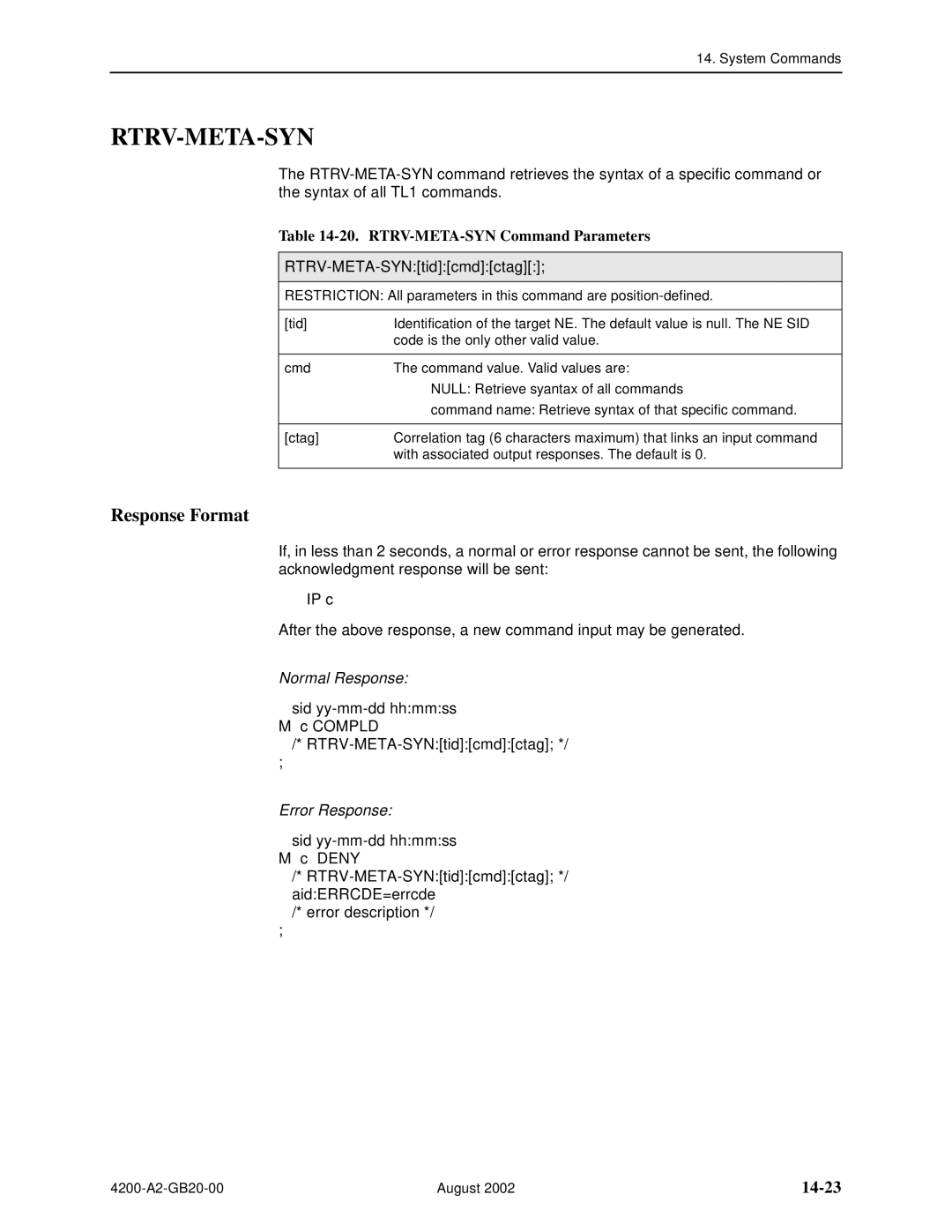 Paradyne 4200 manual Rtrv-Meta-Syn, 14-23, RTRV-META-SYN Command Parameters, RTRV-META-SYNtidcmdctag 