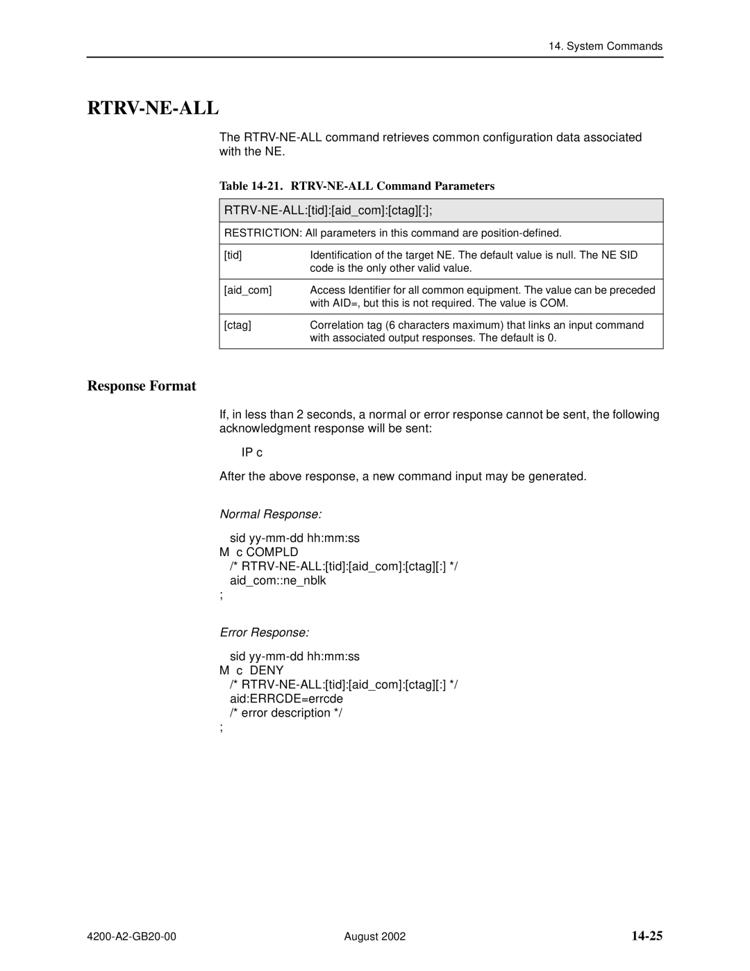 Paradyne 4200 manual Rtrv-Ne-All, 14-25, RTRV-NE-ALL Command Parameters, RTRV-NE-ALLtidaidcomctag 