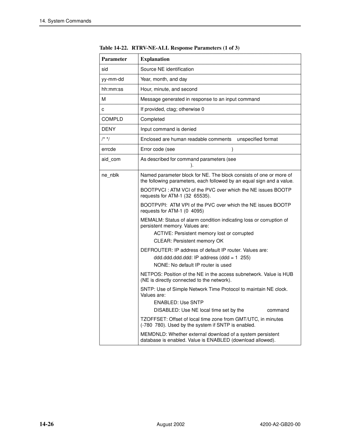 Paradyne 4200 manual 14-26, RTRV-NE-ALL Response Parameters 1 Explanation 