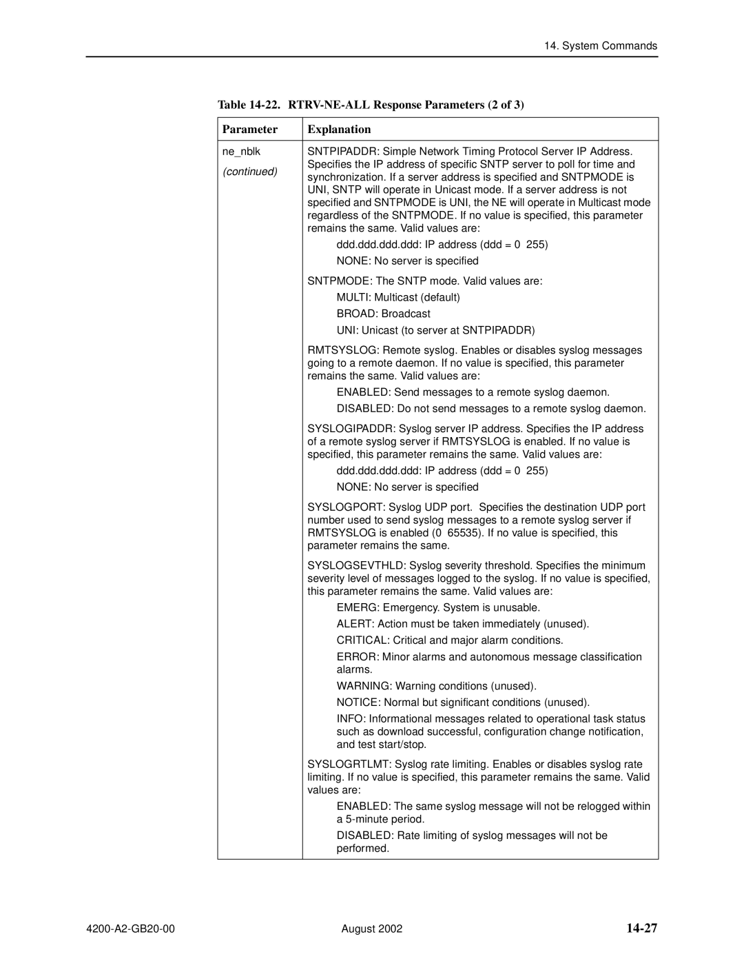 Paradyne 4200 manual 14-27, RTRV-NE-ALL Response Parameters 2 Explanation 