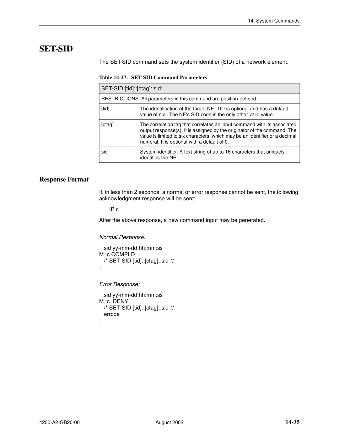 Paradyne 4200 manual Set-Sid, 14-35, SET-SID Command Parameters 