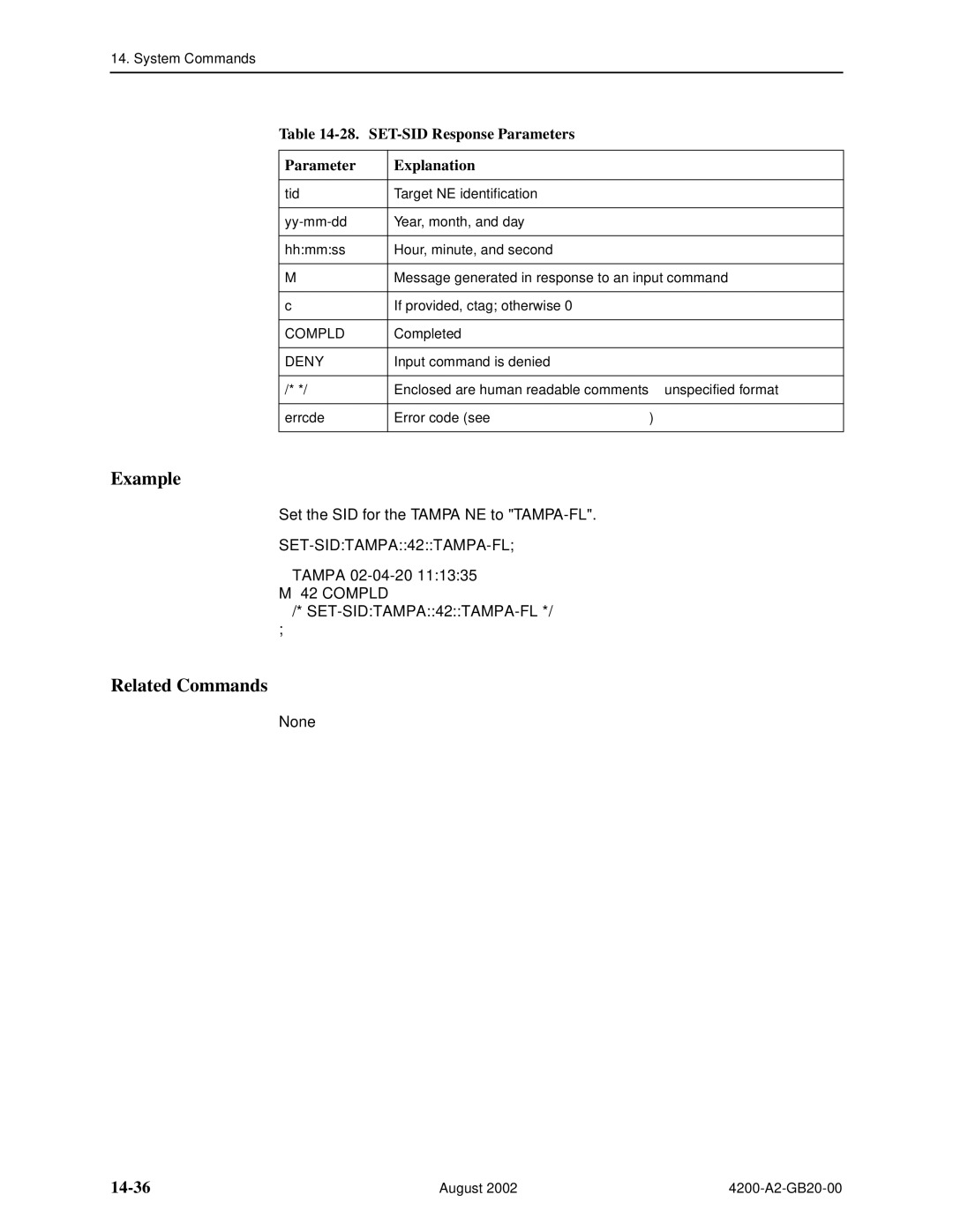 Paradyne 4200 manual 14-36, SET-SID Response Parameters Explanation 