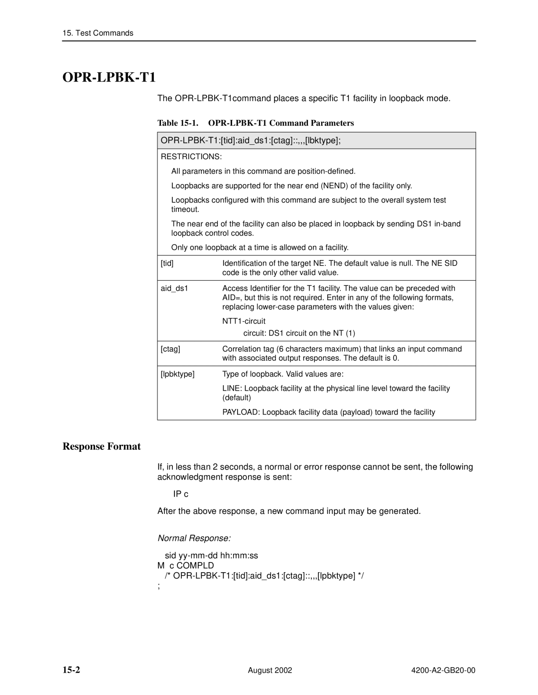 Paradyne 4200 manual 15-2, OPR-LPBK-T1 Command Parameters, OPR-LPBK-T1tidaidds1ctag,,,lbktype 