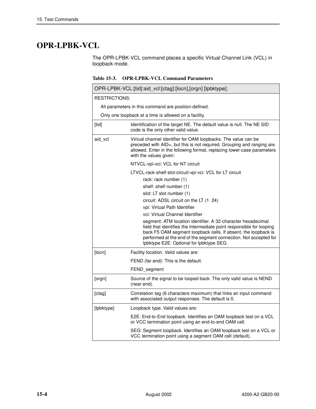 Paradyne 4200 manual Opr-Lpbk-Vcl, 15-4, OPR-LPBK-VCL Command Parameters, OPR-LPBK-VCLtidaidvclctaglocn,orgn lpbktype 