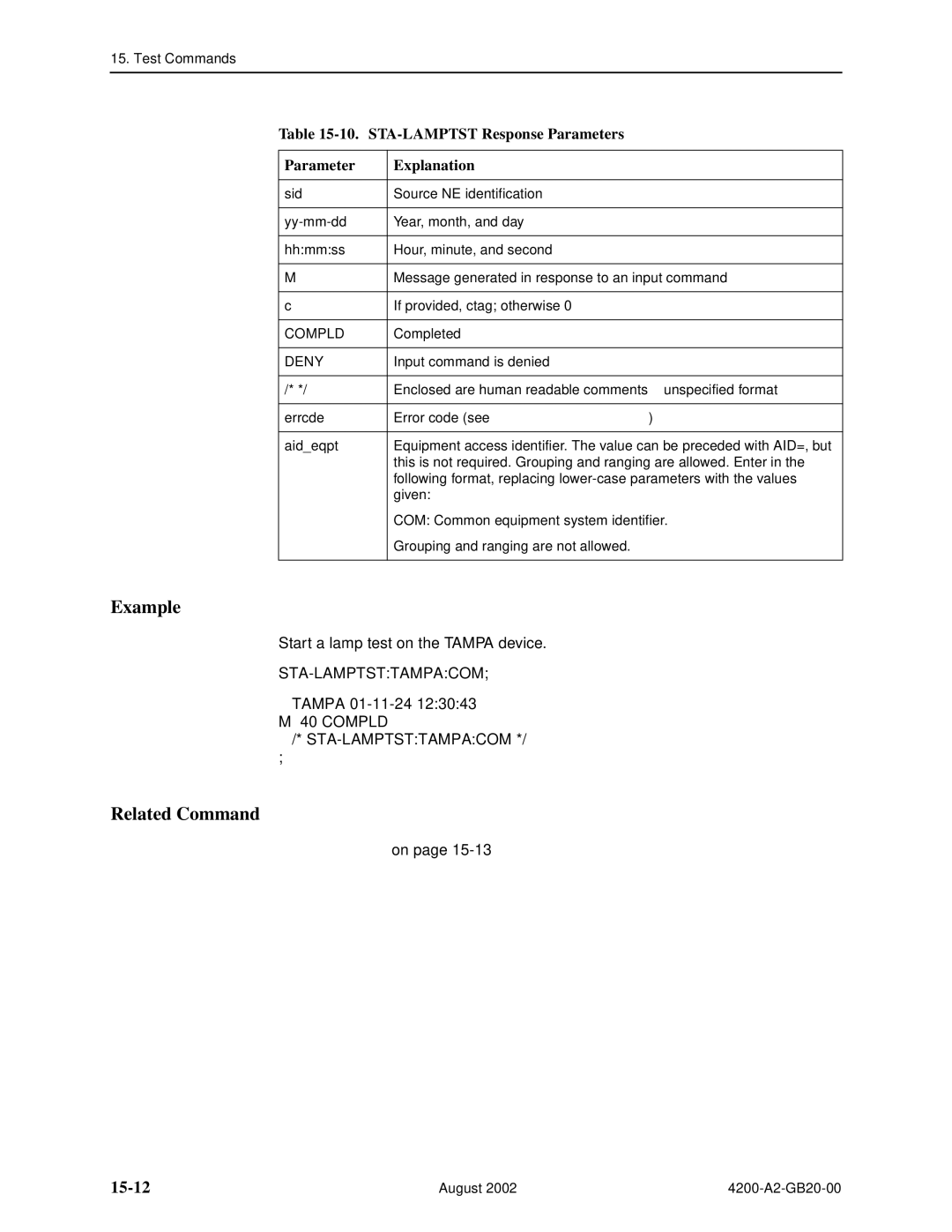 Paradyne 4200 manual 15-12, STA-LAMPTST Response Parameters Explanation 