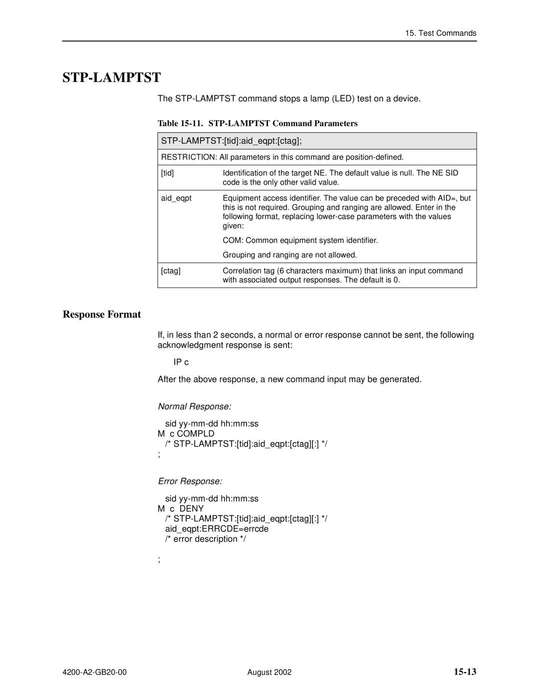 Paradyne 4200 manual Stp-Lamptst, 15-13, STP-LAMPTST Command Parameters, STP-LAMPTSTtidaideqptctag 