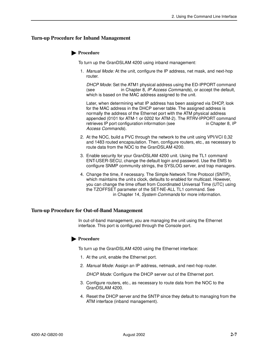 Paradyne 4200 manual Turn-up Procedure for Inband Management, Turn-up Procedure for Out-of-Band Management 