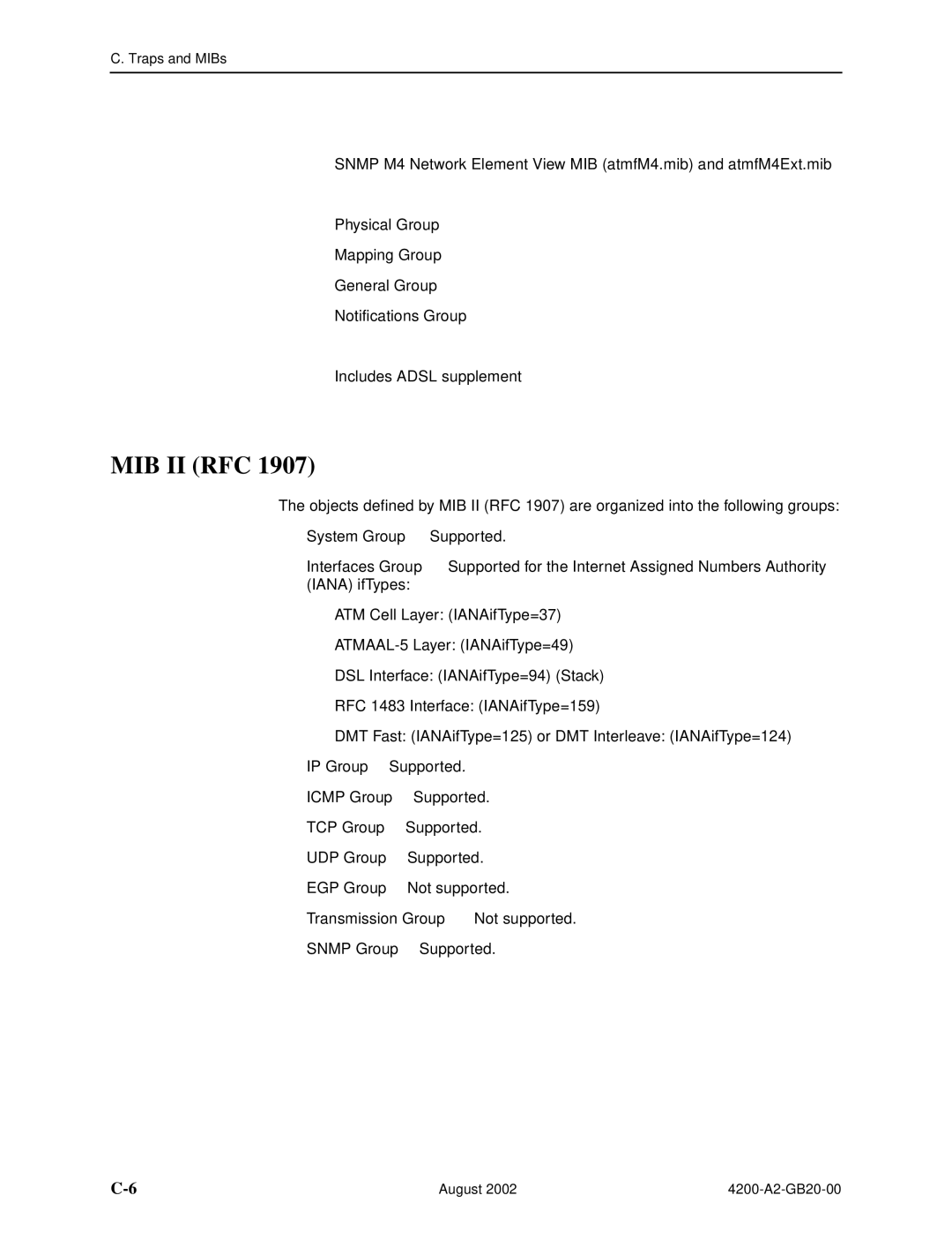 Paradyne 4200 manual Mib Ii Rfc, System Group Supported 