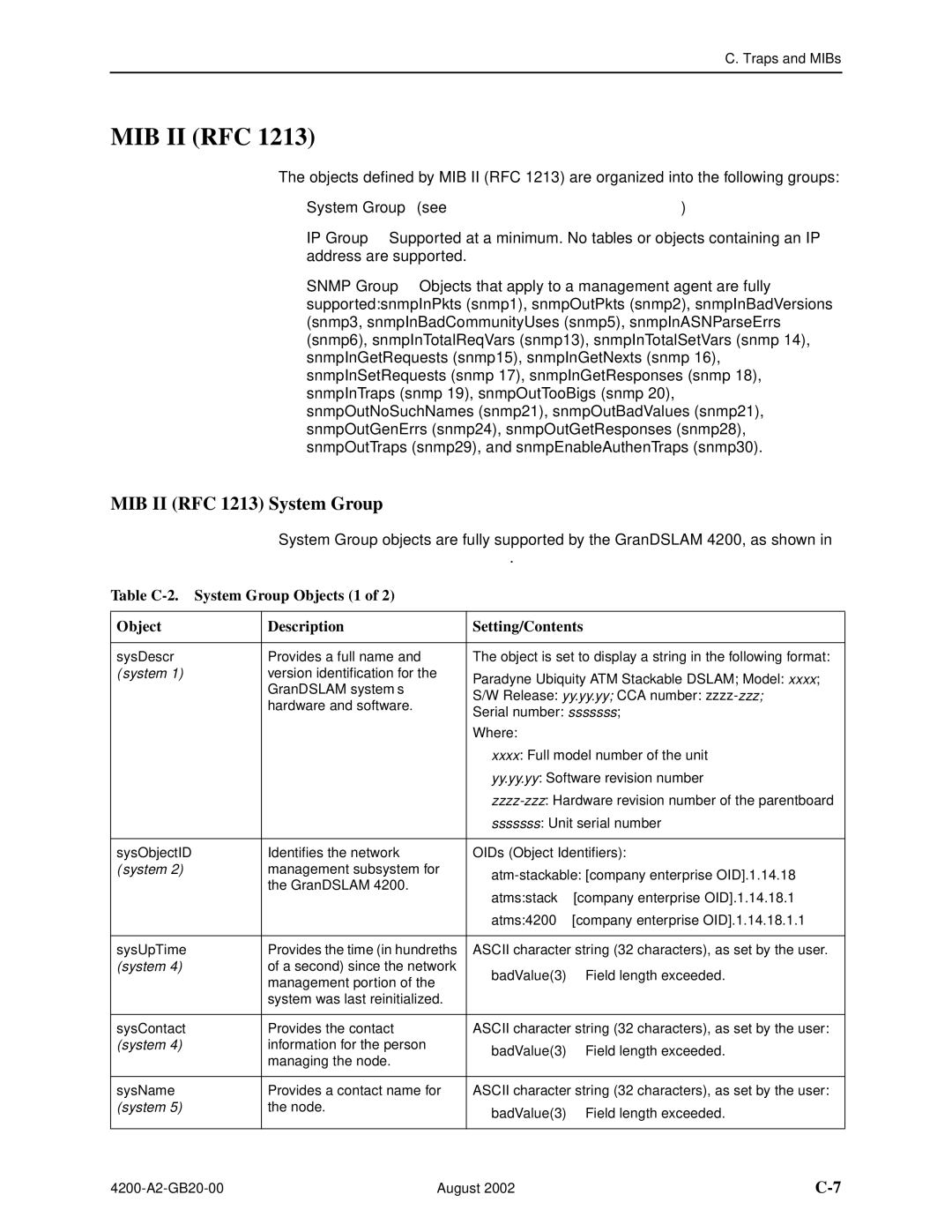 Paradyne 4200 manual System Group see MIB II RFC 1213 System Group 